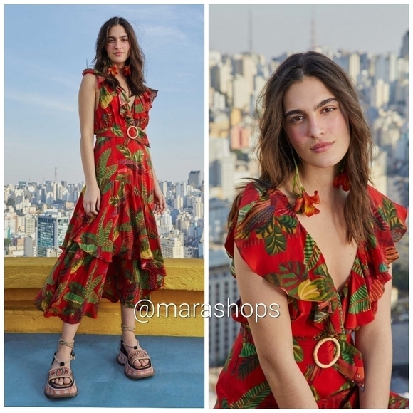 Farm Rio Red Forest Birds Belted Midi Dress - Picture 1 of 8